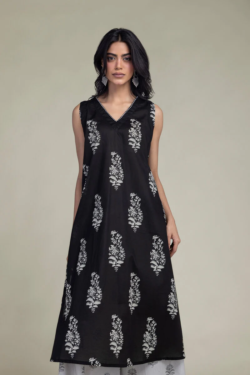 Printed | Cambric Black Sleeveless Kurta pant with Dupatta