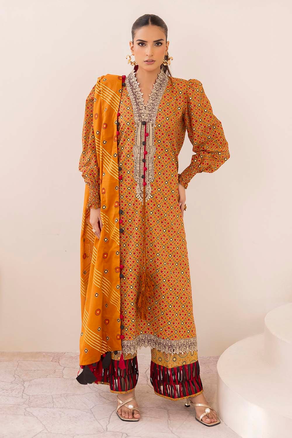 3 Piece Unstitched Embroidered Gold Printed Lawn
