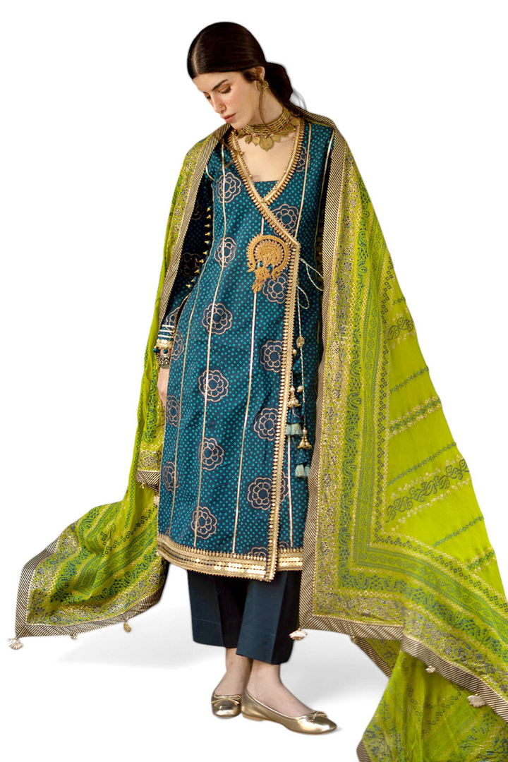 3 Piece Gold and Lacquer Printed Lawn
