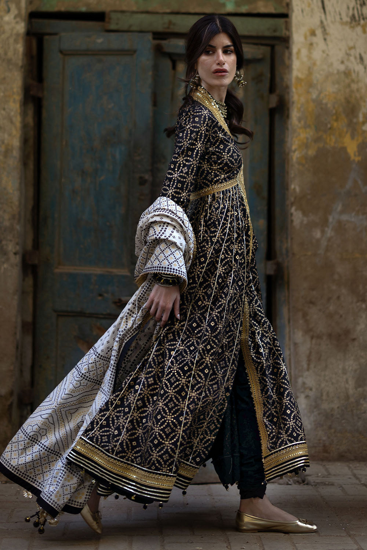 3 Piece Gold and Lacquer Printed Lawn