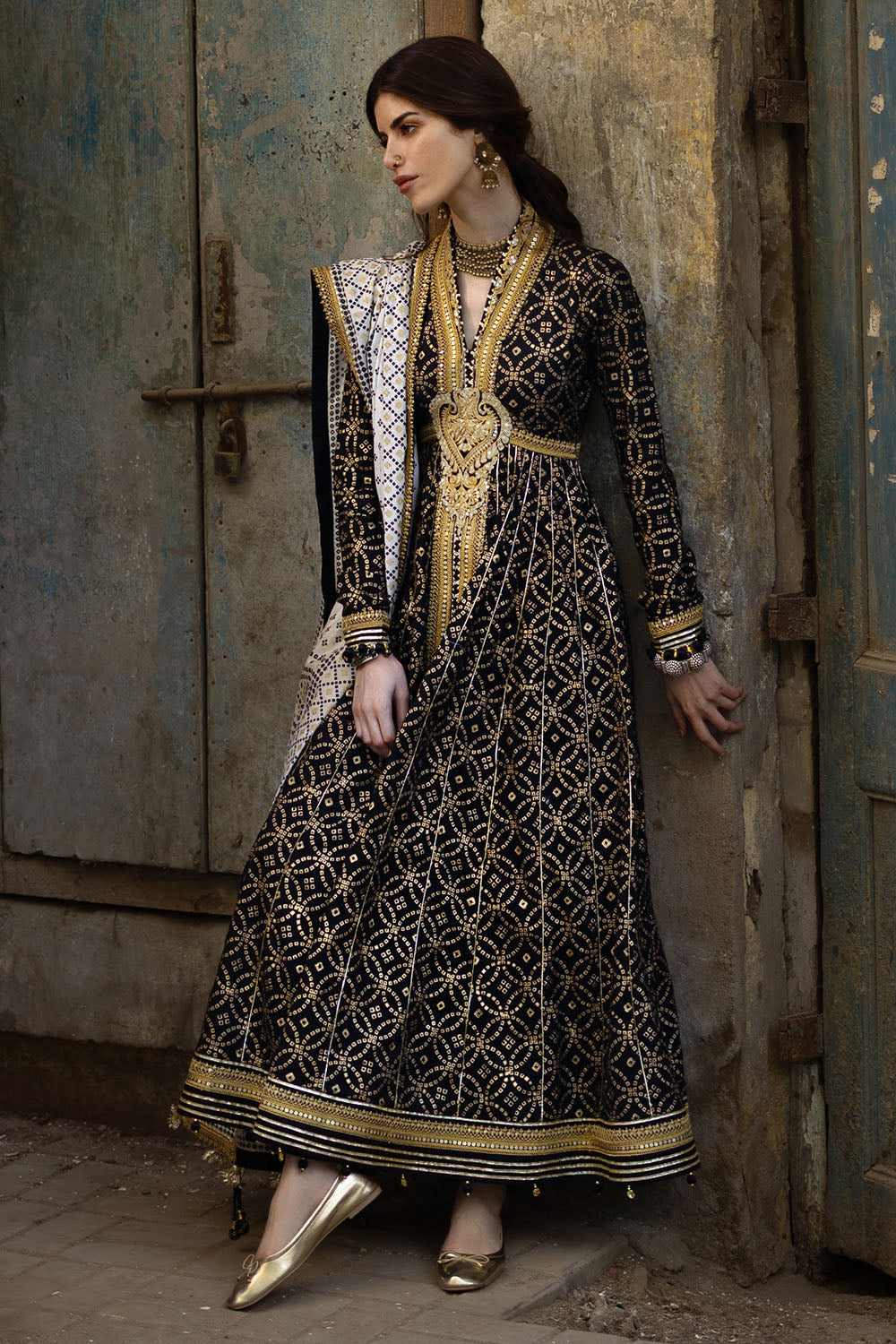 3 Piece Gold and Lacquer Printed Lawn