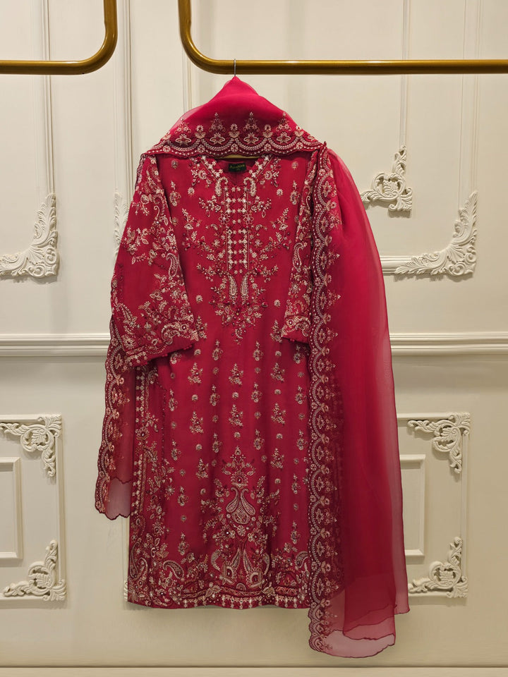 3 Piece- Pure Sheesha Silk Embroidered Suit