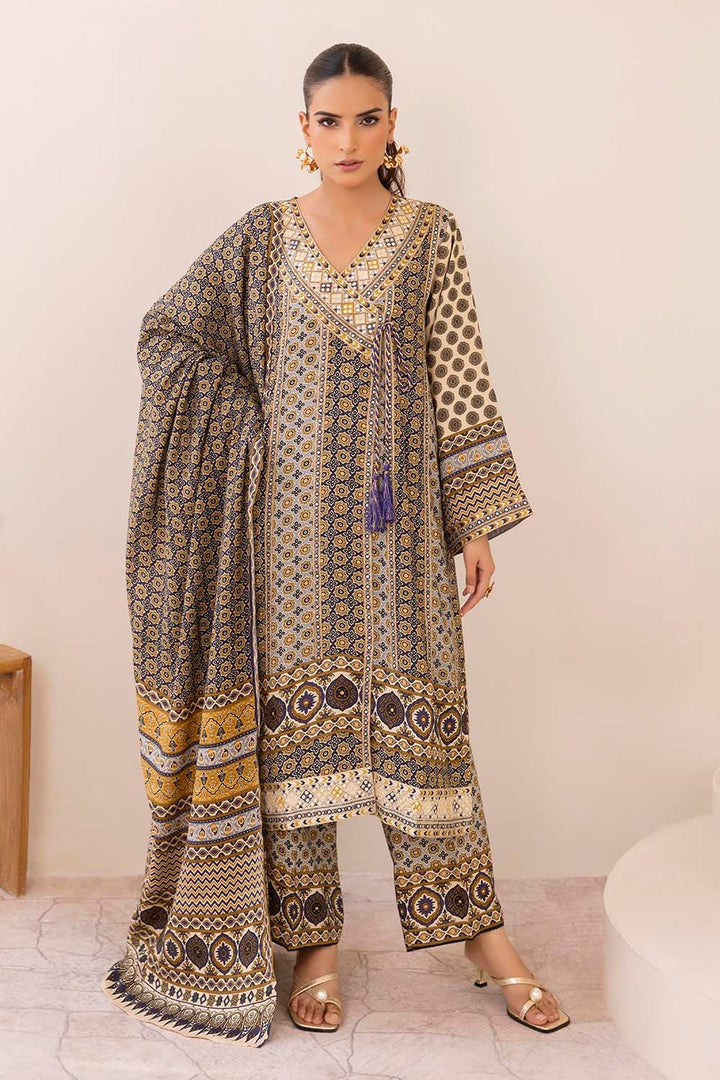 3 Piece Unstitched Embroidered Raw Silk Printed Suit