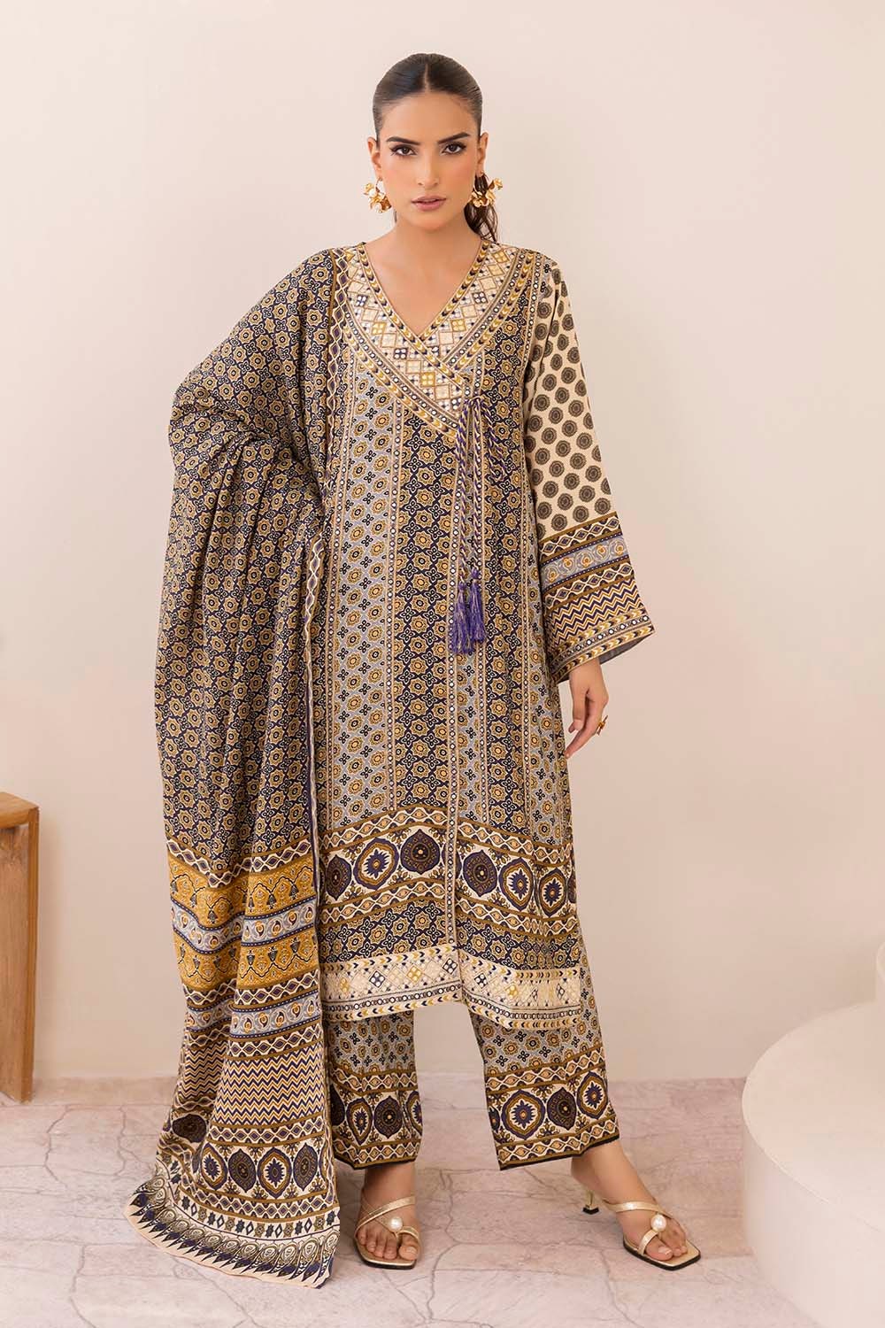 3 Piece Unstitched Embroidered Raw Silk Printed Suit