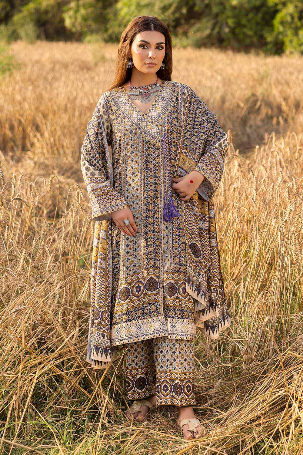 3 Piece Unstitched Embroidered Raw Silk Printed Suit
