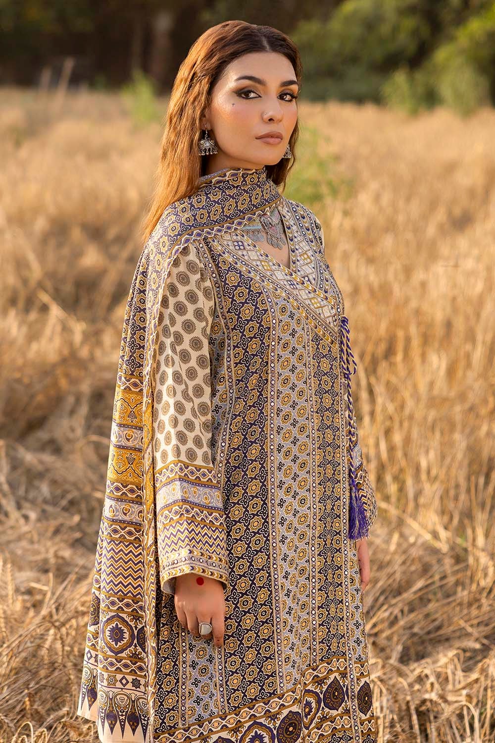 3 Piece Unstitched Embroidered Raw Silk Printed Suit