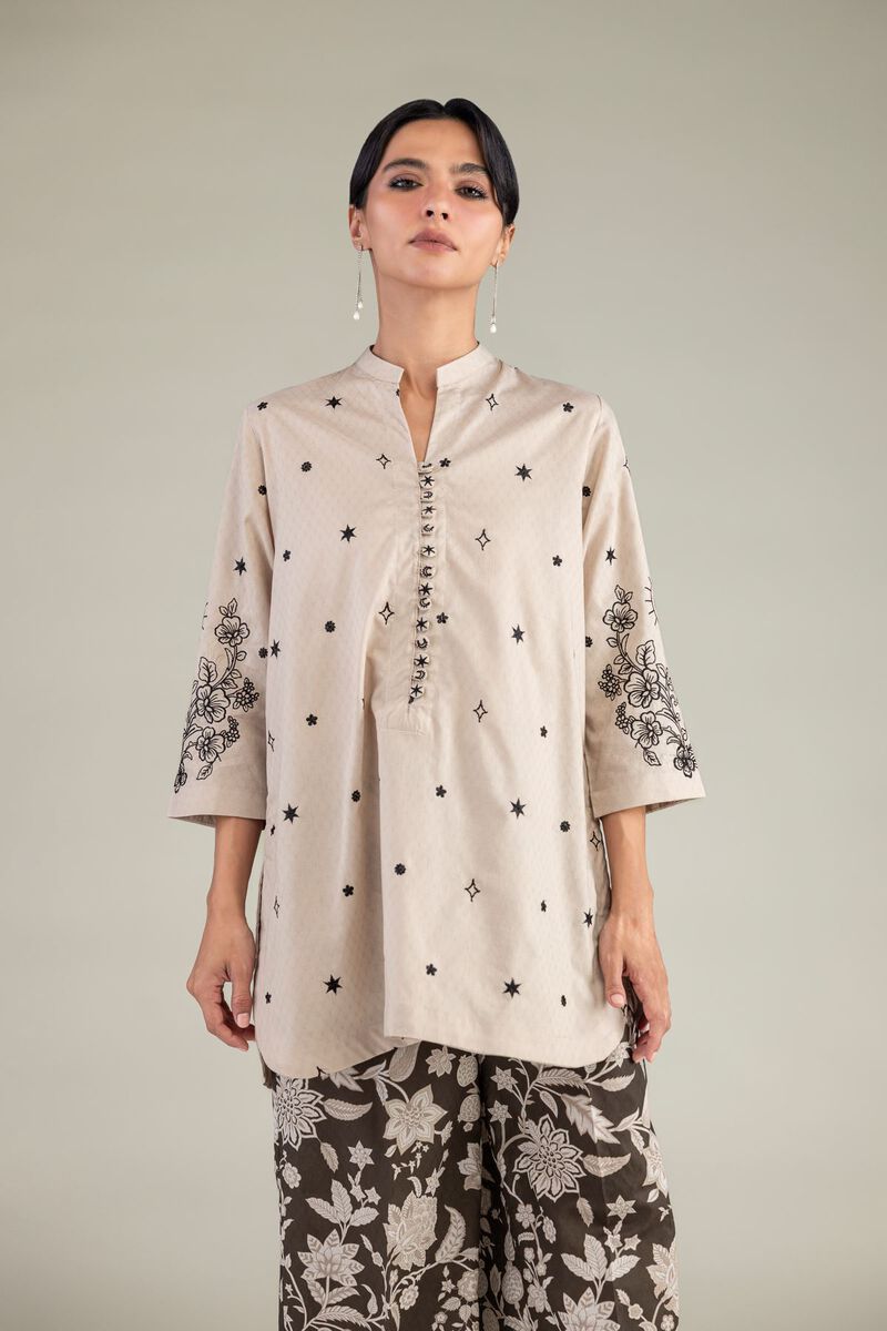Cotton Dobby Beige Floral Kurta
